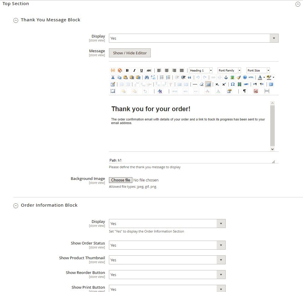 Thank you message and order info settings