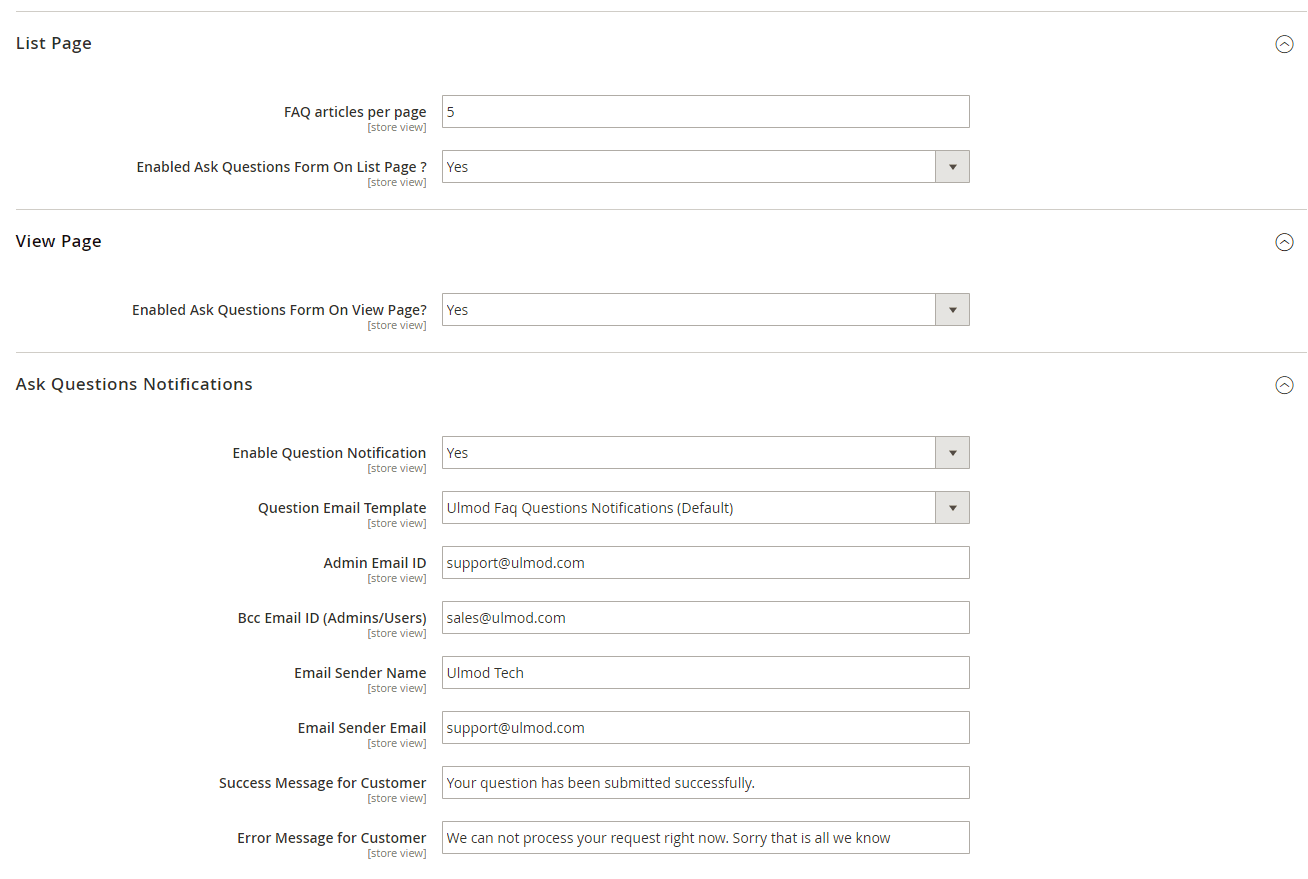 List, view and ask questions settings
