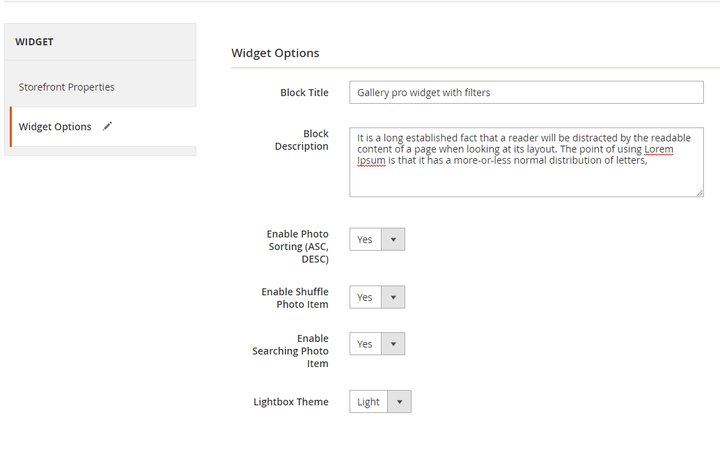Widget options for gallery with filters