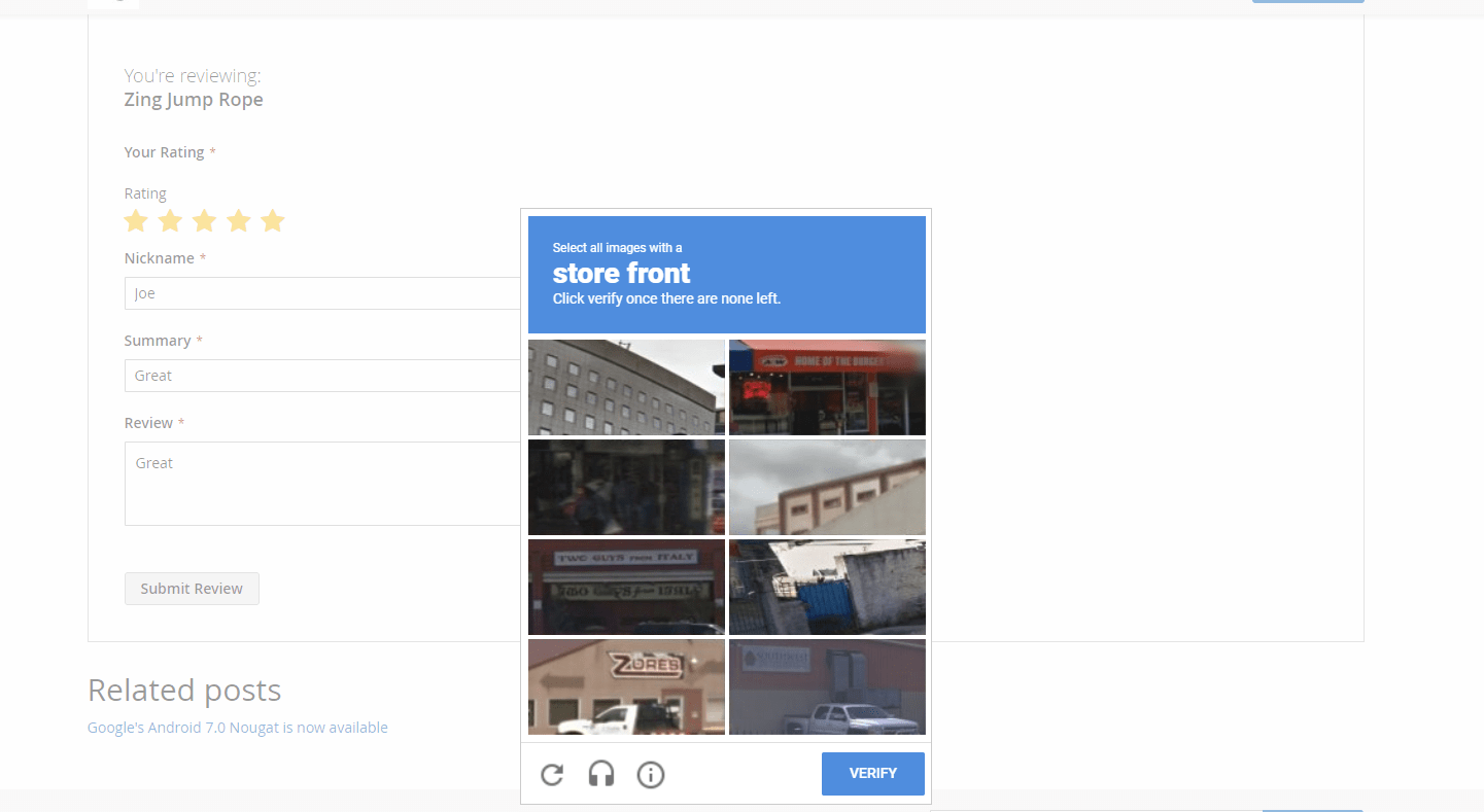 Invisible reCAPTCHA in review form