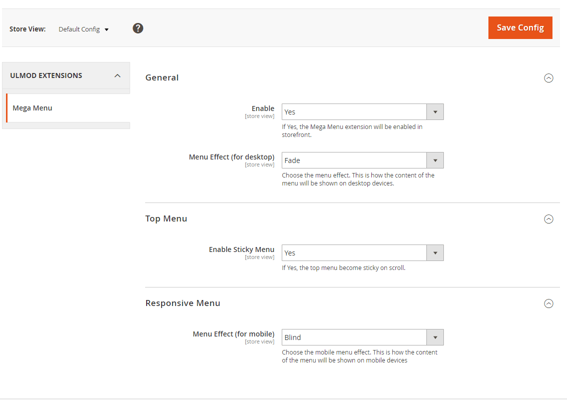 Extension configuration settings