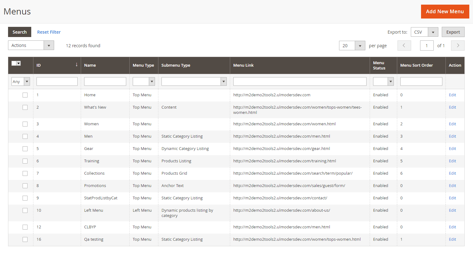 Manage menu items from the grid