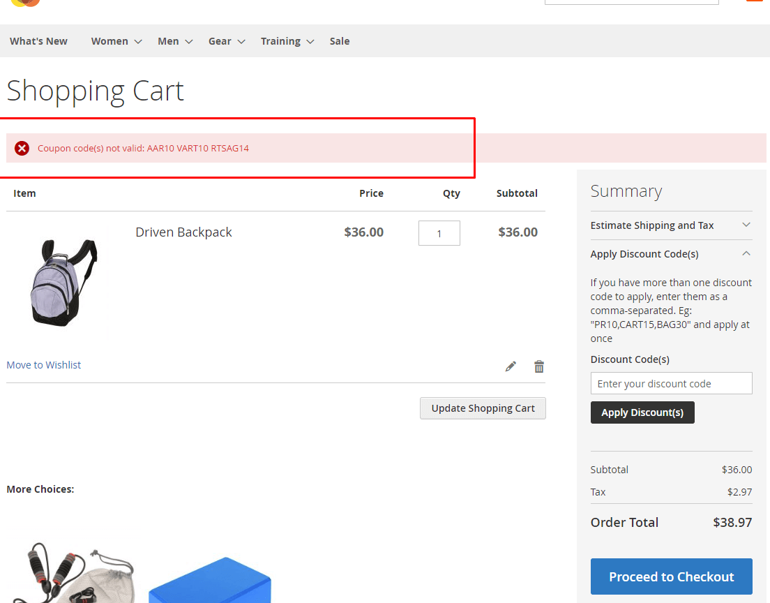 Invalid coupons message at cart page
