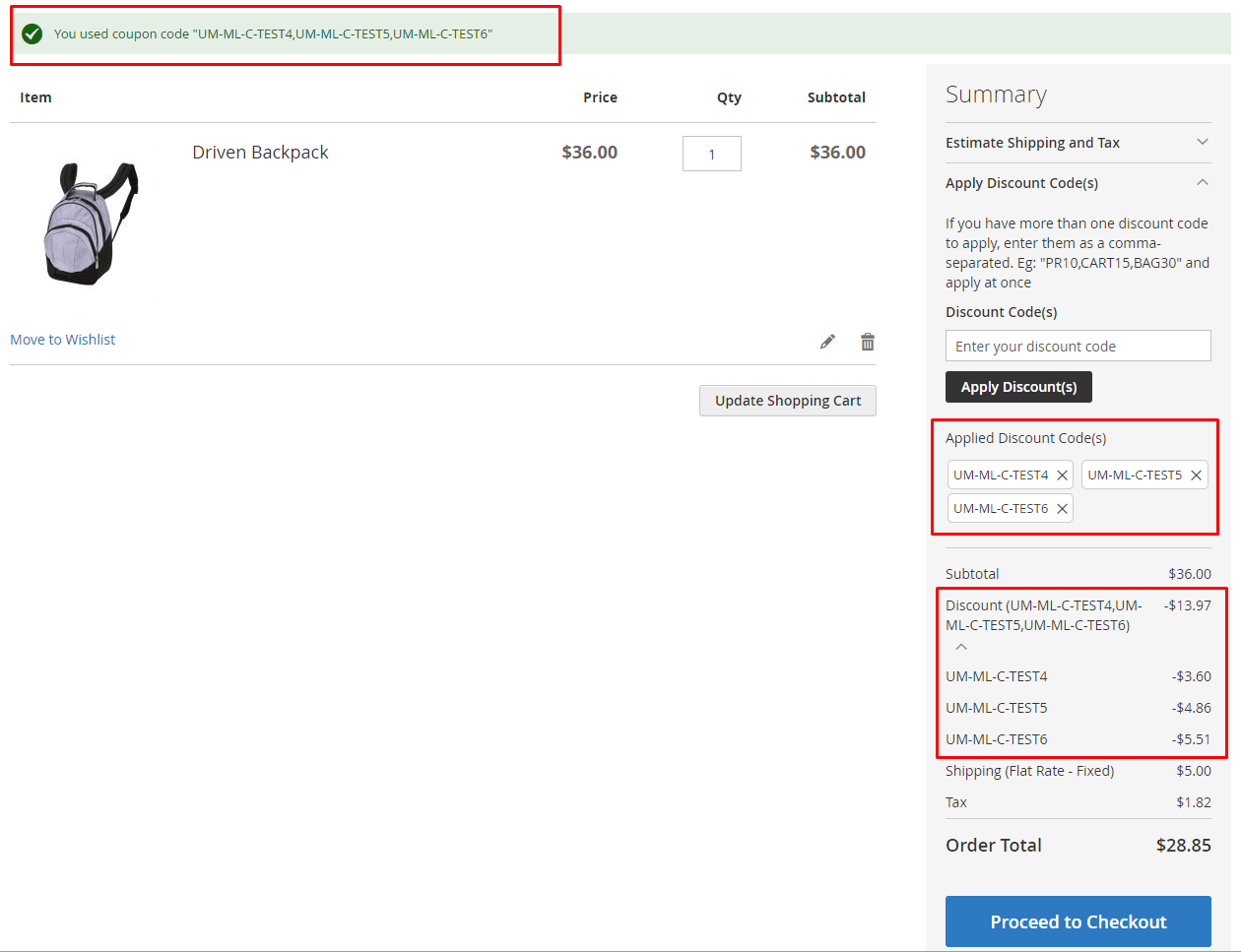 Multiple coupons applied at the cart page