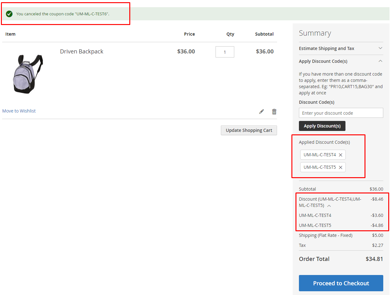 Coupon canceled at the cart page