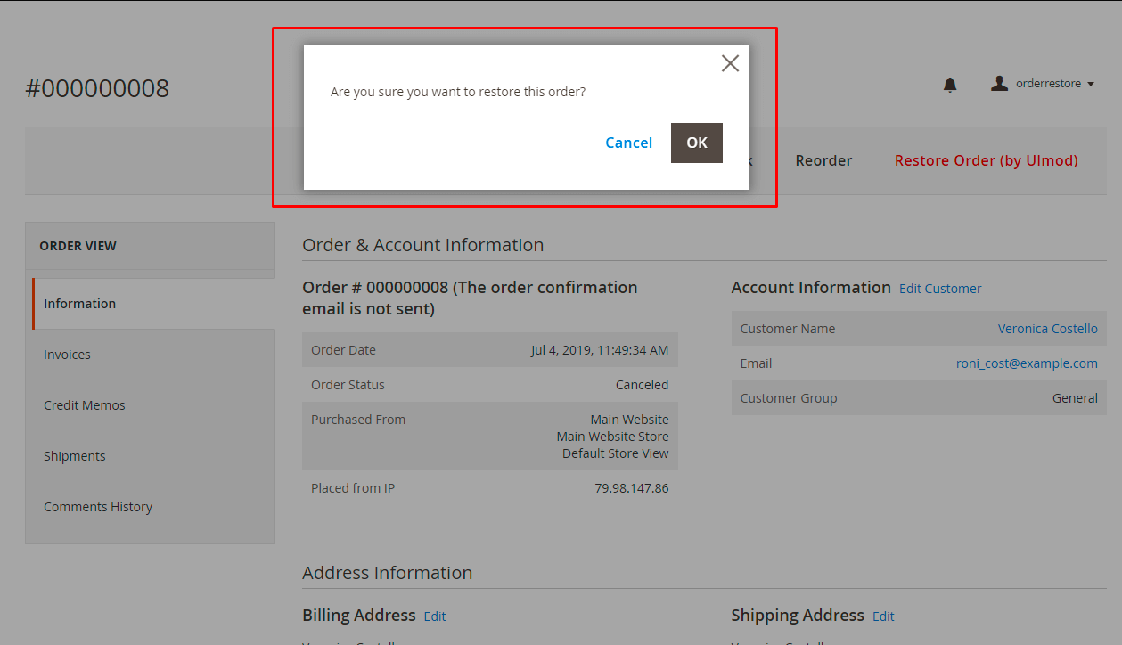 Confirm uncancel order action in the view page