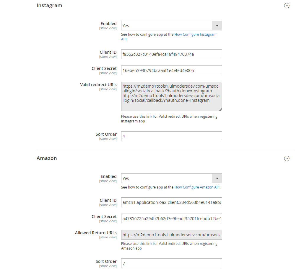 Instagram and Amazon settings