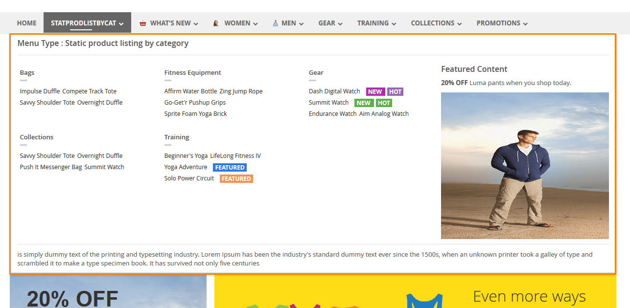 Submenu  type static product listing by category