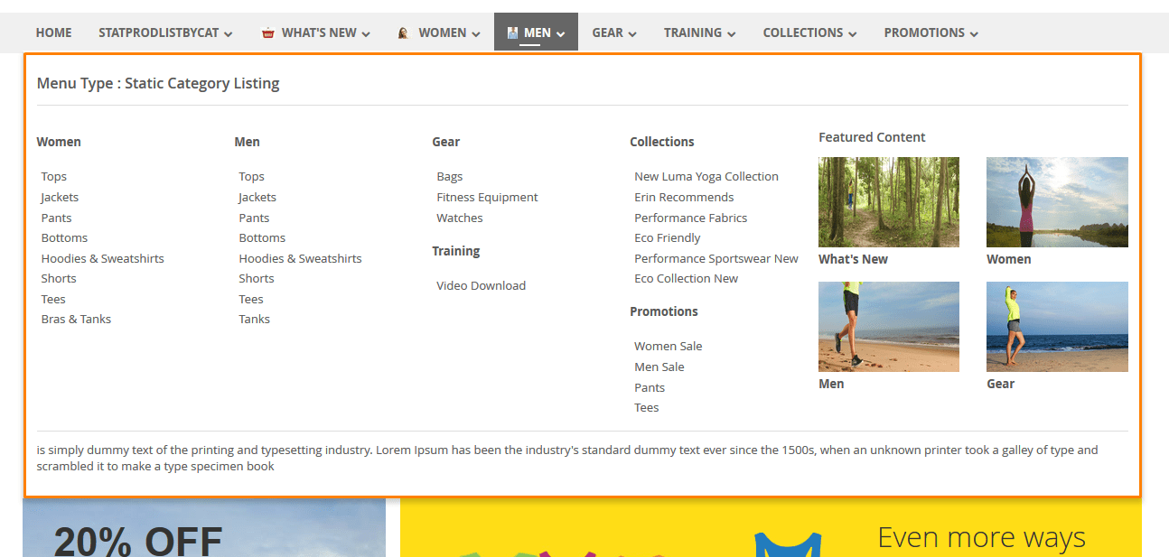 Submenu  type static category listing