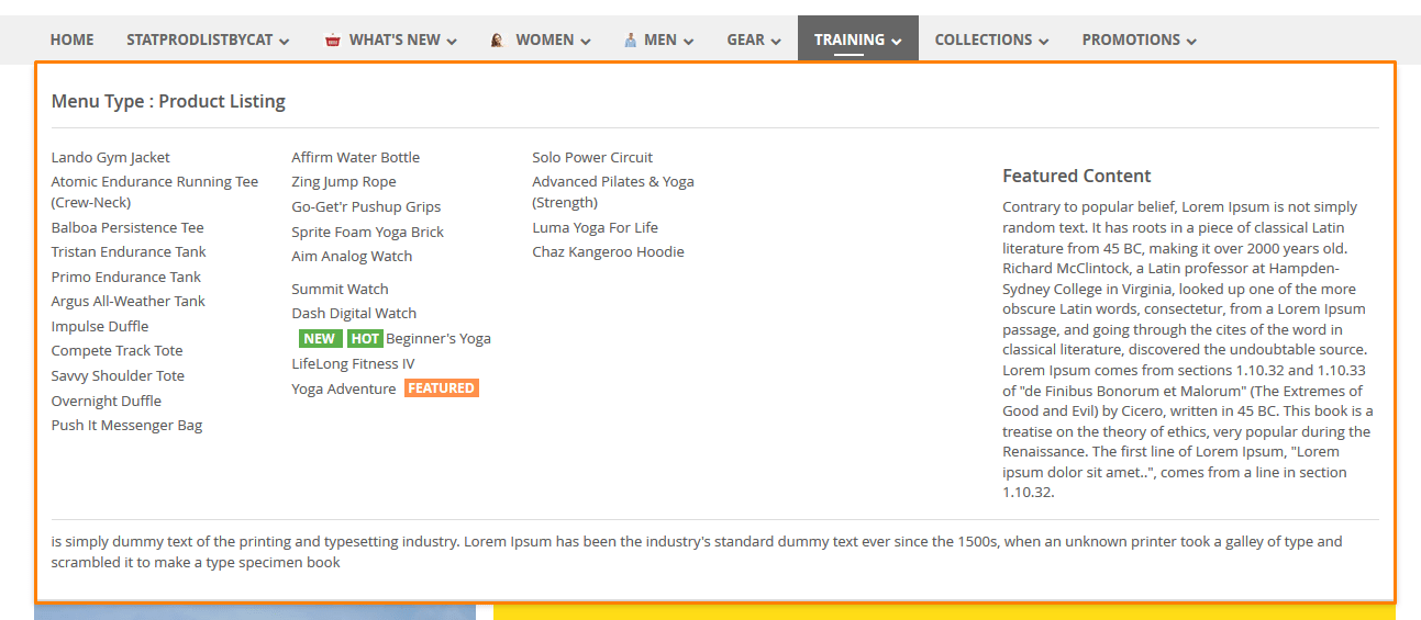 Submenu  type product listing