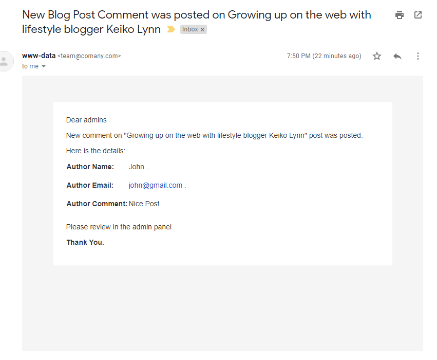 Post comment notification sent to admins
