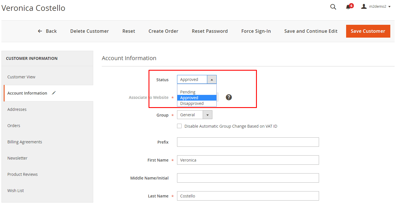 Change status under customer edit page