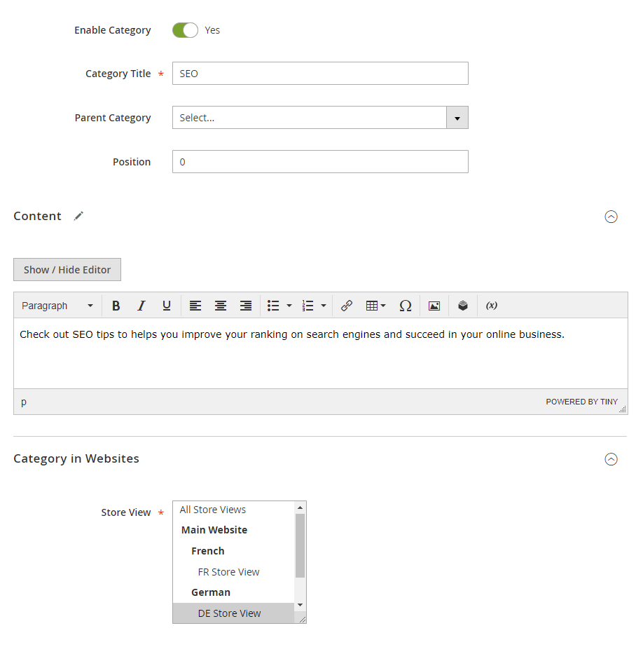 Category content and store view settings