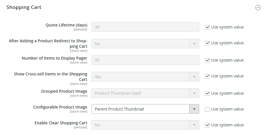 Cart thumbnail setting