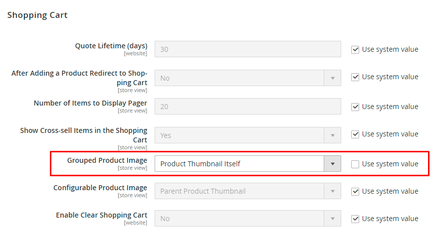 Cart thumbnail setting