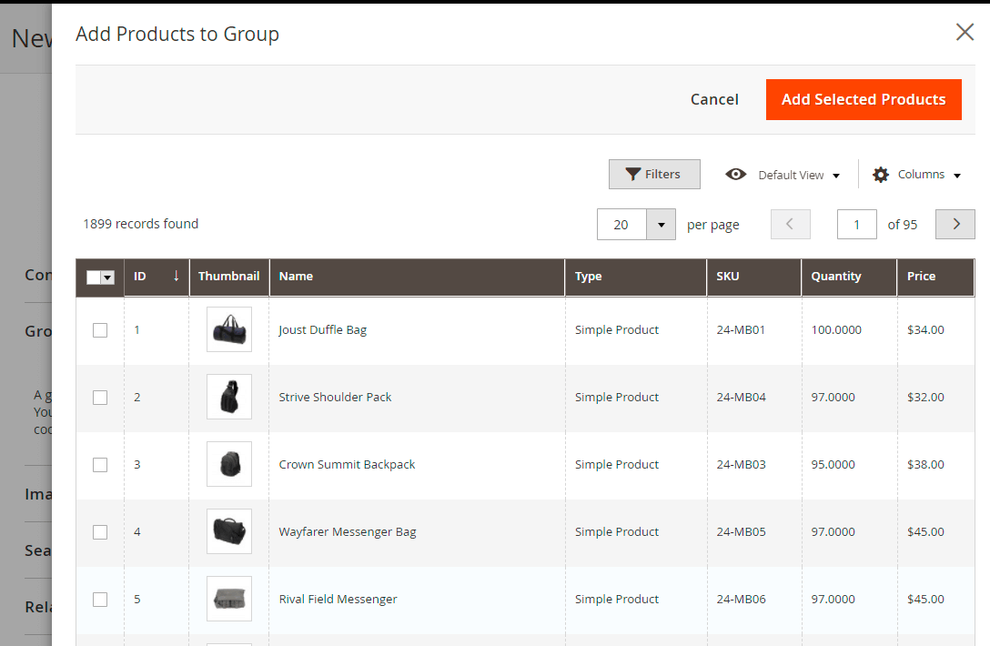 Grouped product setup