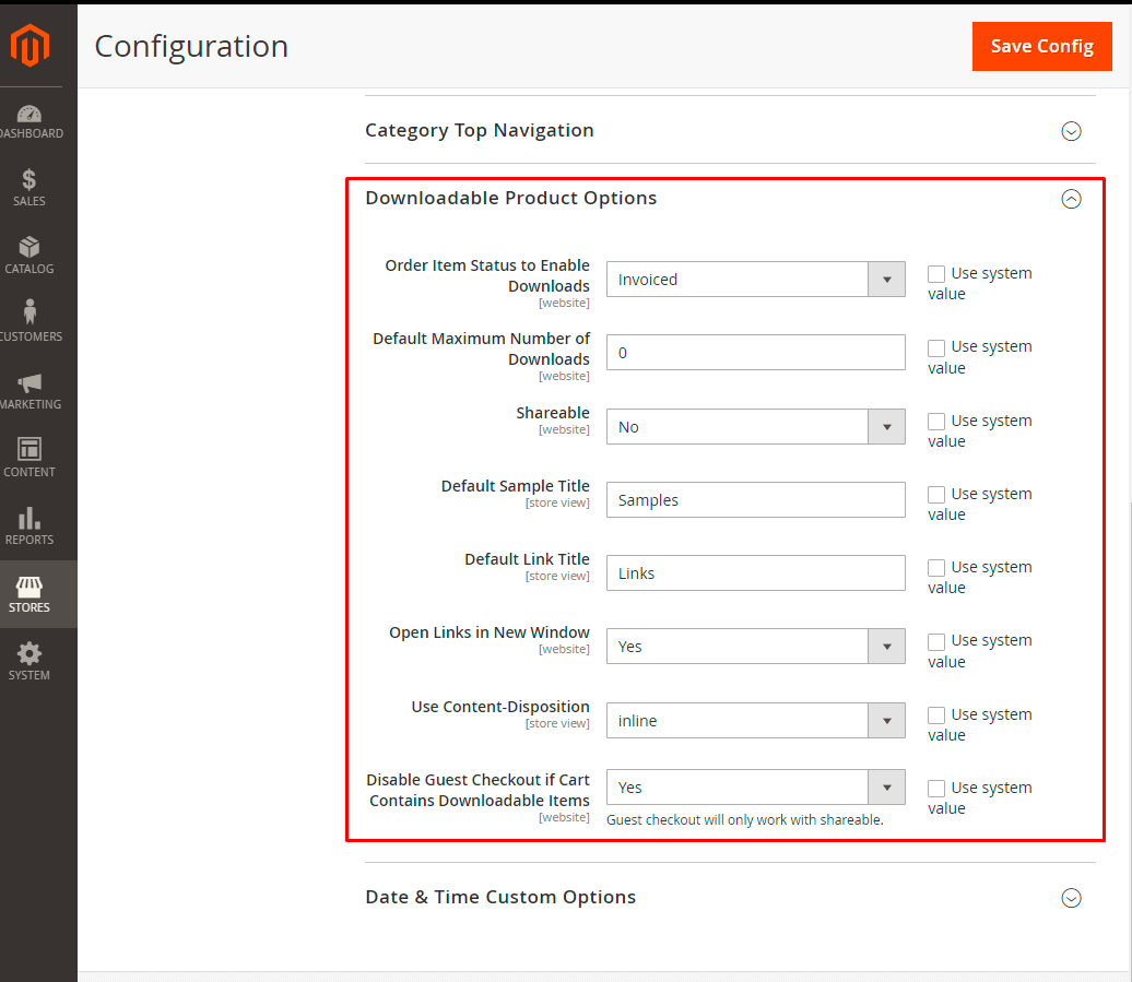 Product download option setup