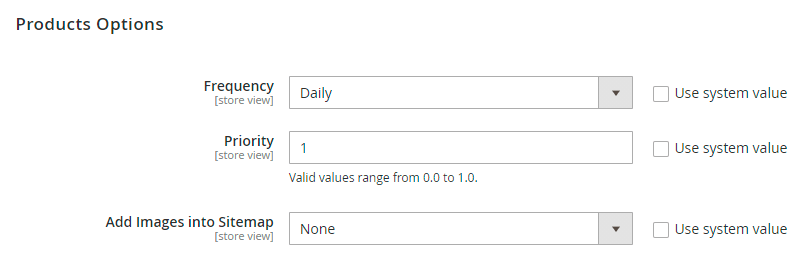 Sitemap products config