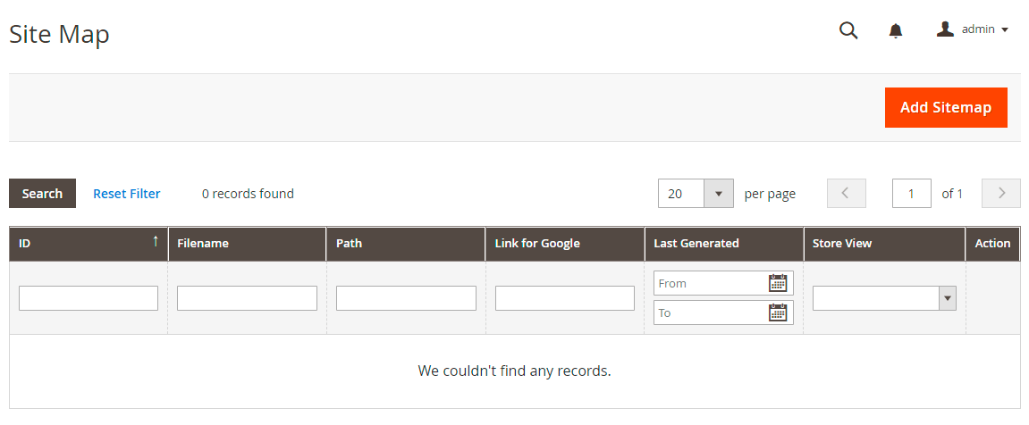 Magento 2 XML Sitemap grid