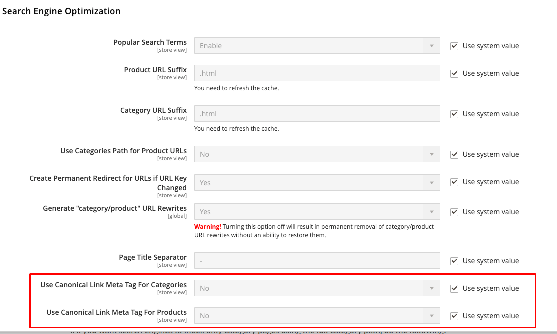 Magento 2 canonical settings