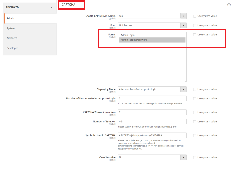 Magento 2 admin captcha configuration