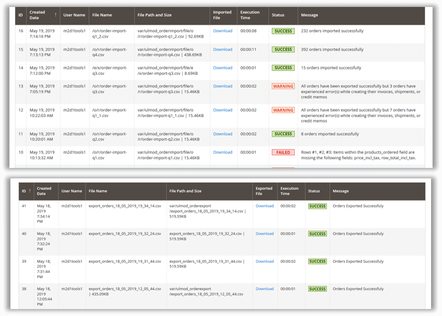 Import export orders history